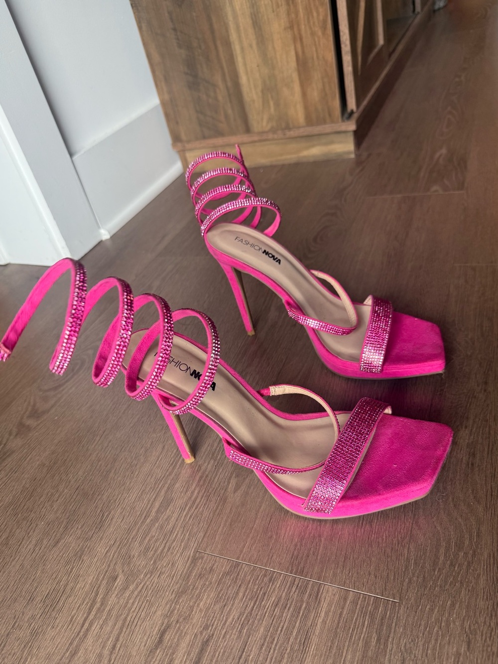 Fashion Nova Pink Rhinestone Spiral Strap Heels
